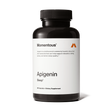 A black bottle labeled "Momentous Apigenin" contains 60 dietary supplement capsules to support sleep quality and reduce stress, with branding and product details shown on a white background.