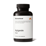 A black bottle labeled "Momentous Apigenin" contains 60 dietary supplement capsules to support sleep quality and reduce stress, with branding and product details shown on a white background.