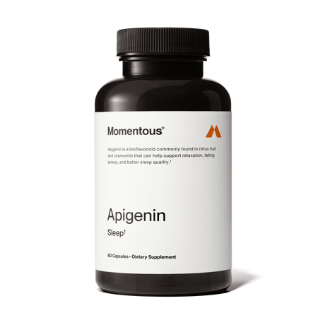 A black bottle labeled "Momentous Apigenin" contains 60 dietary supplement capsules to support sleep quality and reduce stress, with branding and product details shown on a white background.