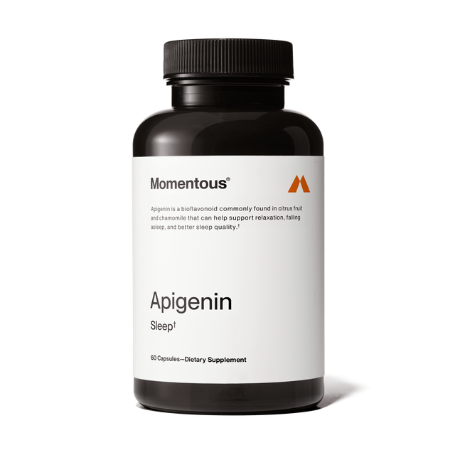 A black bottle labeled "Momentous Apigenin" contains 60 dietary supplement capsules to support sleep quality and reduce stress, with branding and product details shown on a white background.