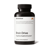 A black bottle labeled "Momentous Brain Drive" by Momentous, a dietary supplement with a nootropic formula to support brain health and cognitive performance, containing 60 capsules.