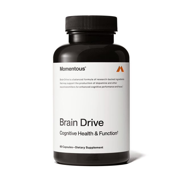 A black bottle labeled "Momentous Brain Drive" by Momentous, a dietary supplement with a nootropic formula to support brain health and cognitive performance, containing 60 capsules.