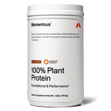 A white container of Momentous 100% Plant Protein Powder (chocolate) with black and orange label text. This NSF Certified for Sport supplement by Momentous provides a complete amino acid profile for optimal nutrition.