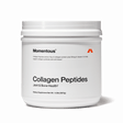A white container labeled "Momentous Collagen Peptides" by Momentous displays product details, highlights support for joints and skin elasticity, and shows a net weight of 1.12 lb (507 g) against a plain background.