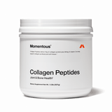 A white container labeled "Momentous Collagen Peptides" by Momentous displays product details, highlights support for joints and skin elasticity, and shows a net weight of 1.12 lb (507 g) against a plain background.