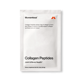 A white travel pack labeled "Momentous Collagen Peptides 10-Travel Packs" by Momentous, highlighting collagen protein and vitamin C for joint and bone health.