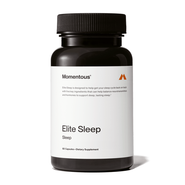 Momentous Elite Sleep by Momentous is a black bottle with 60 capsules of melatonin sleep aid, formulated to support restorative sleep and a healthy circadian rhythm.