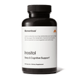 A black bottle of Momentous Inositol by Momentous contains 120 capsules, described as a dietary supplement with inositol for mood regulation and better sleep quality.
