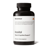 A black bottle of Momentous Inositol by Momentous contains 120 capsules, described as a dietary supplement with inositol for mood regulation and better sleep quality.