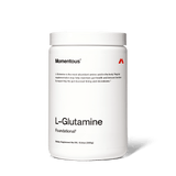 Momentous L-Glutamine is a 300g dietary supplement by Momentous that supports gut health, immune function, and muscle recovery. Comes in a white container.