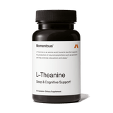 Momentous L-Theanine by Momentous is a black bottle with 60 capsules, formulated as a dietary supplement to improve focus and provide stress relief.