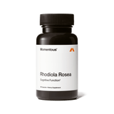 A black bottle of Momentous Rhodiola Rosea by Momentous, containing 60 capsules of a natural adaptogen dietary supplement for stress management, is displayed against a plain white background.