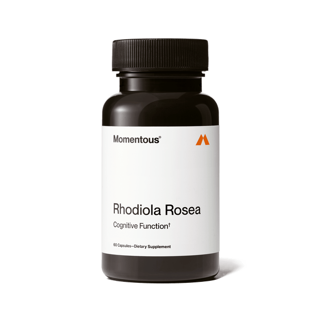 A black bottle of Momentous Rhodiola Rosea by Momentous, containing 60 capsules of a natural adaptogen dietary supplement for stress management, is displayed against a plain white background.