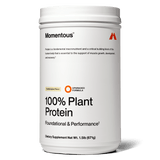 A white container of Momentous 100% Plant Protein Powder, Vanilla Spice, features foundational and performance benefits, NSF Certified for Sport status, a complete amino acid profile, and a net weight of 1.5 lb (671g).