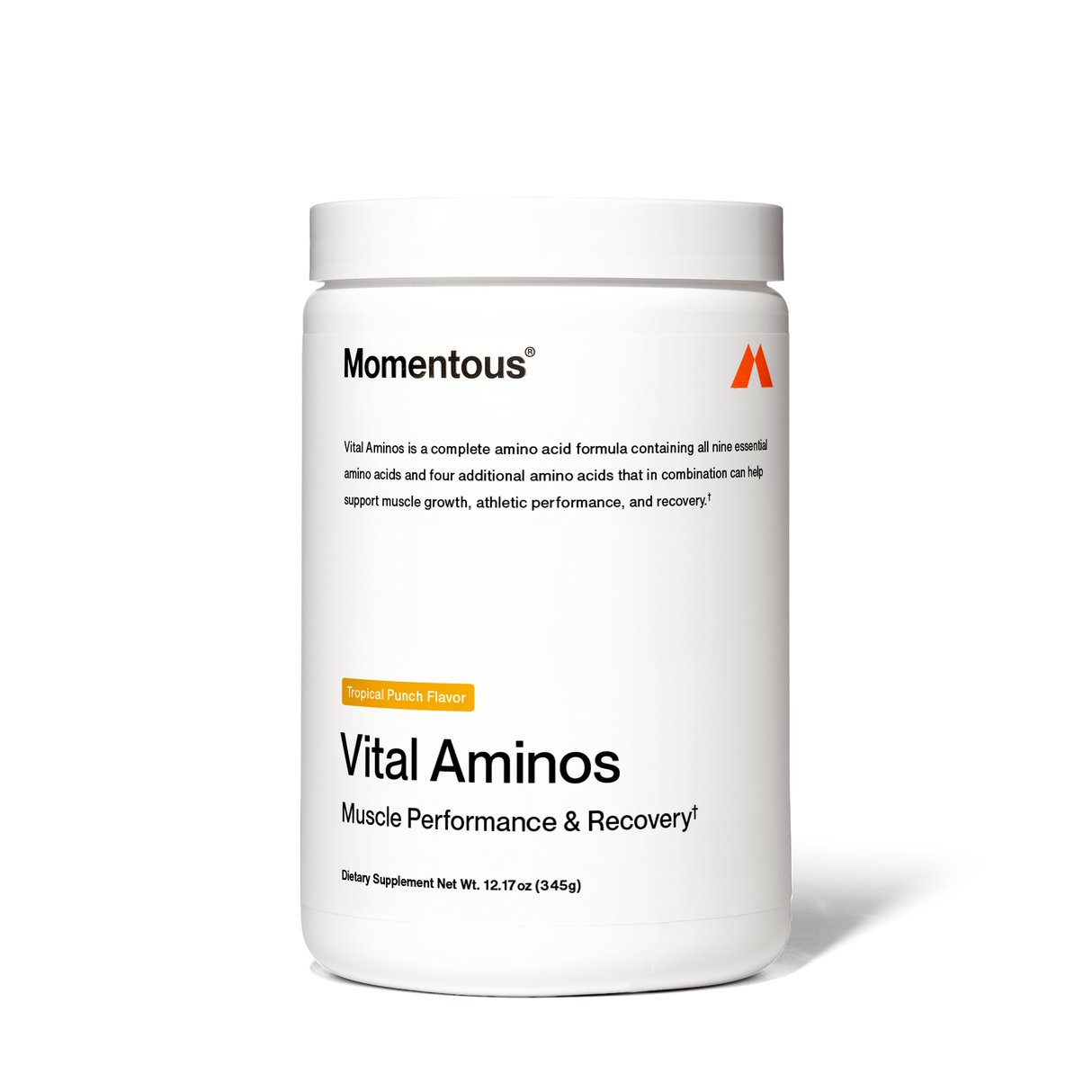 A white container of Momentous Vital Aminos by Momentous, Tropical Punch Flavor, labeled for muscle performance and recovery, contains 12.7 oz (345g) of essential amino acids dietary supplement.