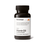 A black bottle labeled "Momentous Vitamin D3 2000 IU" from Momentous, with 60 liquid capsules, is a dietary supplement that supports bone health plus skeletal, muscular, cardiovascular, and immune systems.