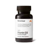 Momentous Vitamin D3 5000 IU by Momentous comes in a black bottle with 60 capsules, providing 5000 IU per serving to help support bone strength and immune health as a foundational supplement.