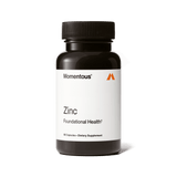 A black bottle labeled "Momentous Zinc" by Momentous, containing 60 zinc supplement capsules for immune support and metabolic health, is displayed against a white background.