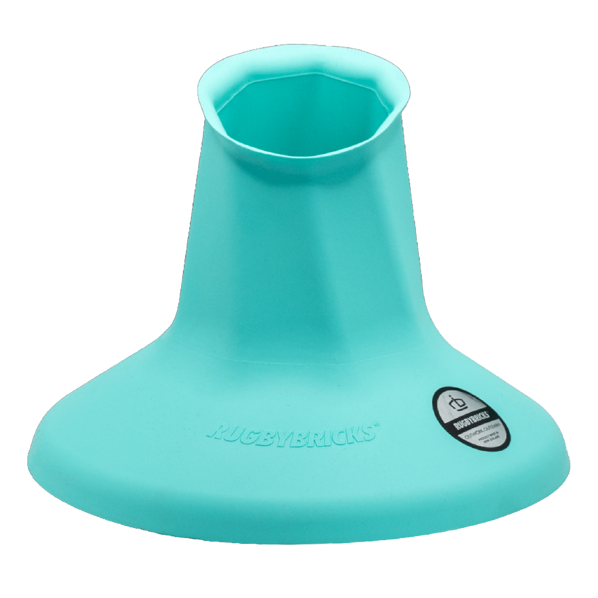 The Rugby Bricks Vortex High Cut Kicking Tee by Rugby Bricks is a teal kicking tee with "RUGBYBRICKS" and a logo on the base, designed to securely hold a rugby ball upright for goal kicking.