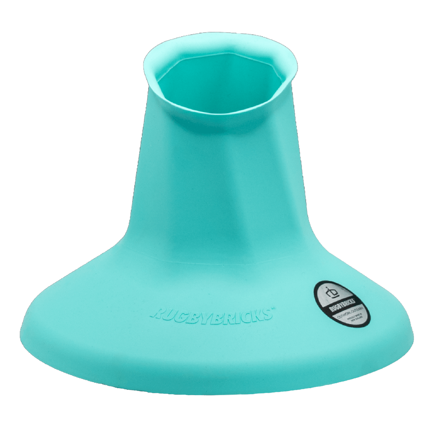 The Rugby Bricks Vortex High Cut Kicking Tee by Rugby Bricks is a teal kicking tee with "RUGBYBRICKS" and a logo on the base, designed to securely hold a rugby ball upright for goal kicking.