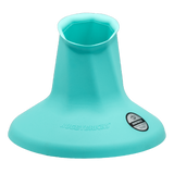 The Rugby Bricks Vortex High Cut Kicking Tee by Rugby Bricks is a teal kicking tee with "RUGBYBRICKS" and a logo on the base, designed to securely hold a rugby ball upright for goal kicking.