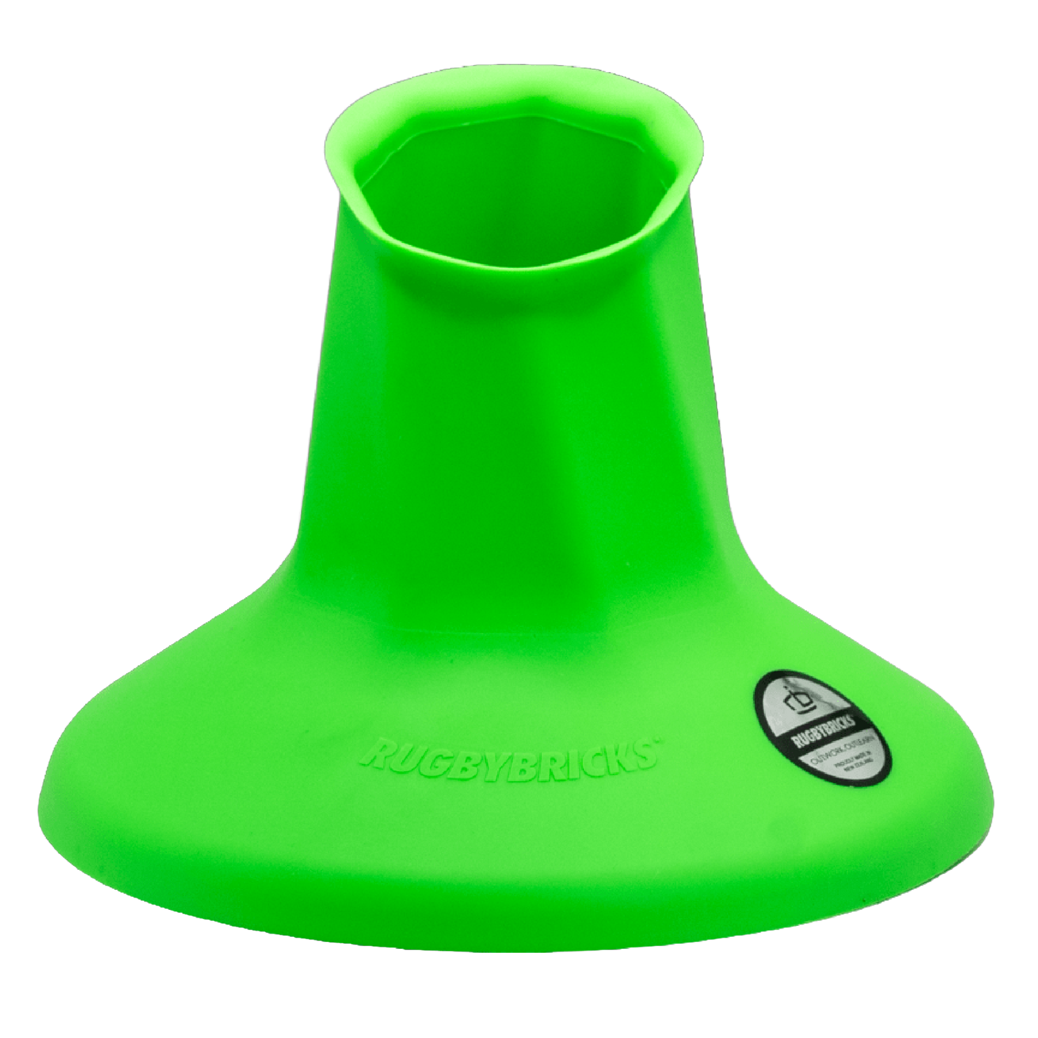 The Rugby Bricks Vortex High Cut Kicking Tee is a green tee with a wide base, angled top, brand logo, and round label—designed by Rugby Bricks for precise and powerful goal kicking on the rugby field.