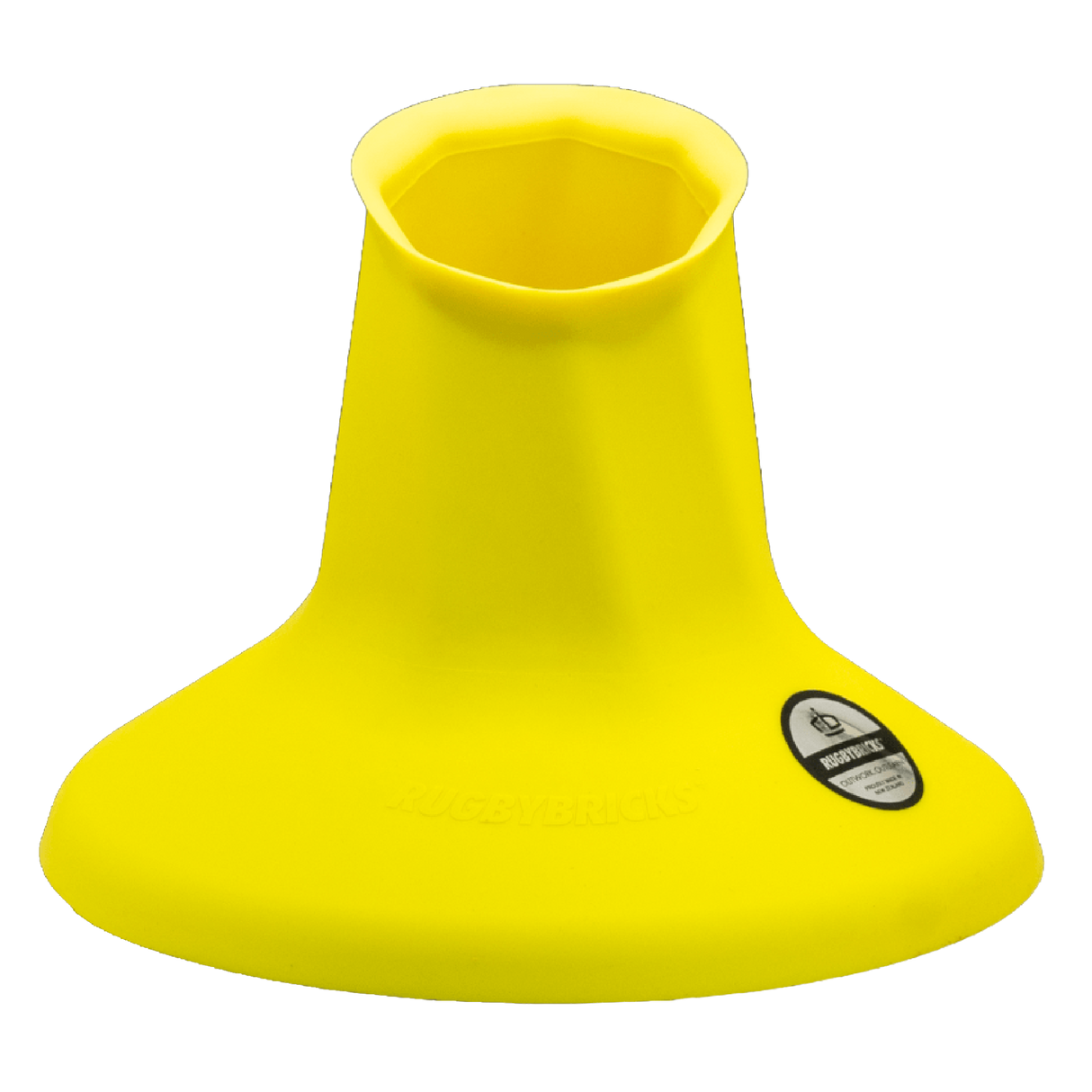 The Rugby Bricks Vortex High Cut Kicking Tee by Rugby Bricks is a yellow, cone-shaped rubber tee designed to hold a football upright for placekicking.