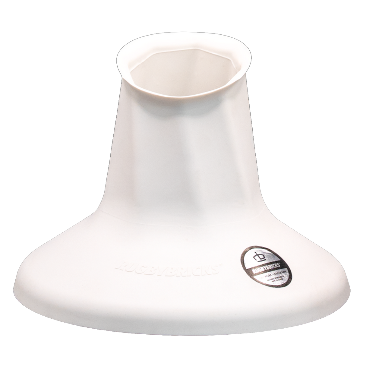 The Rugby Bricks Vortex High Cut Kicking Tee by Rugby Bricks is a white plastic vase-shaped extender with a flared base, an oval top opening, and a small product label on the base.