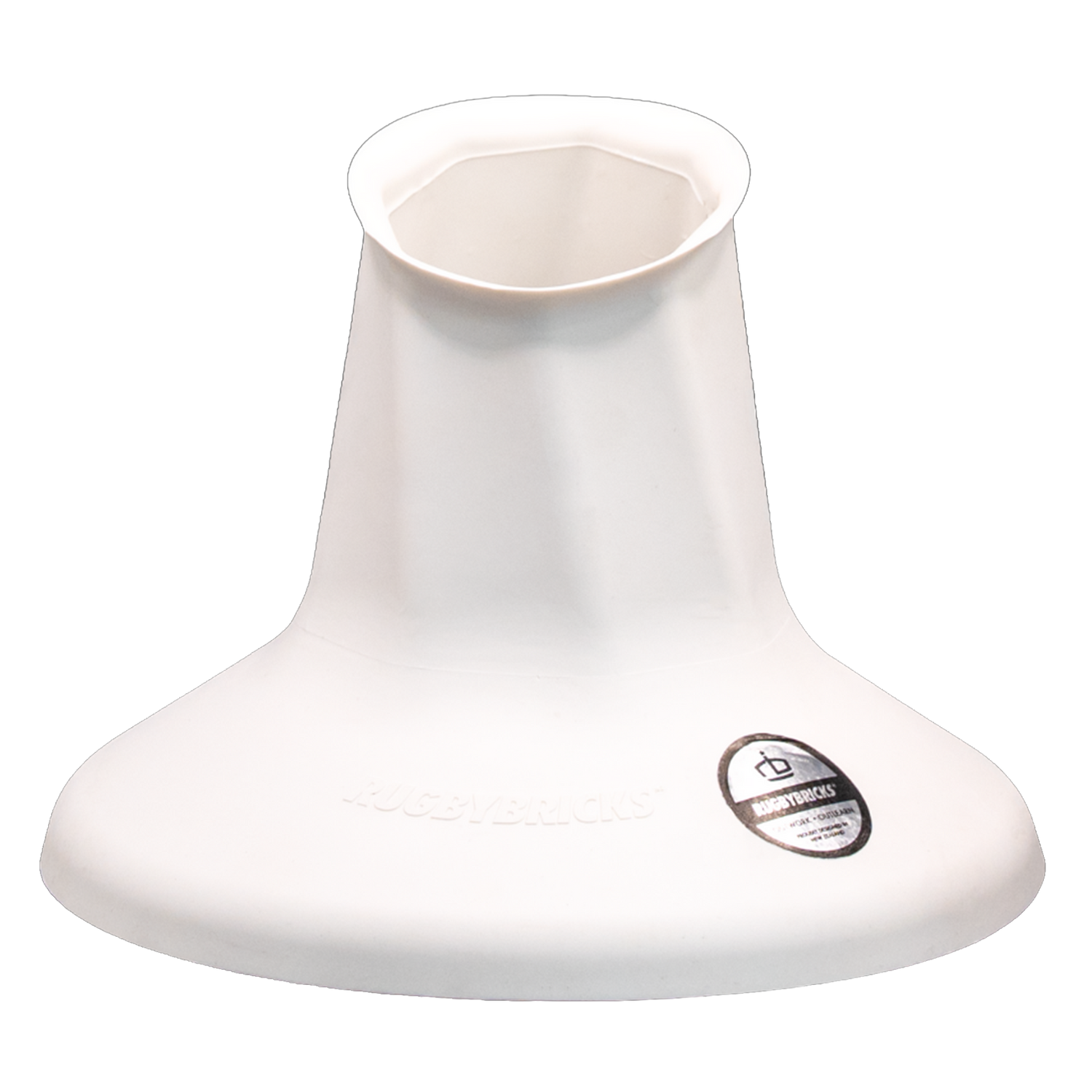 The Rugby Bricks Vortex High Cut Kicking Tee by Rugby Bricks is a white plastic vase-shaped extender with a flared base, an oval top opening, and a small product label on the base.