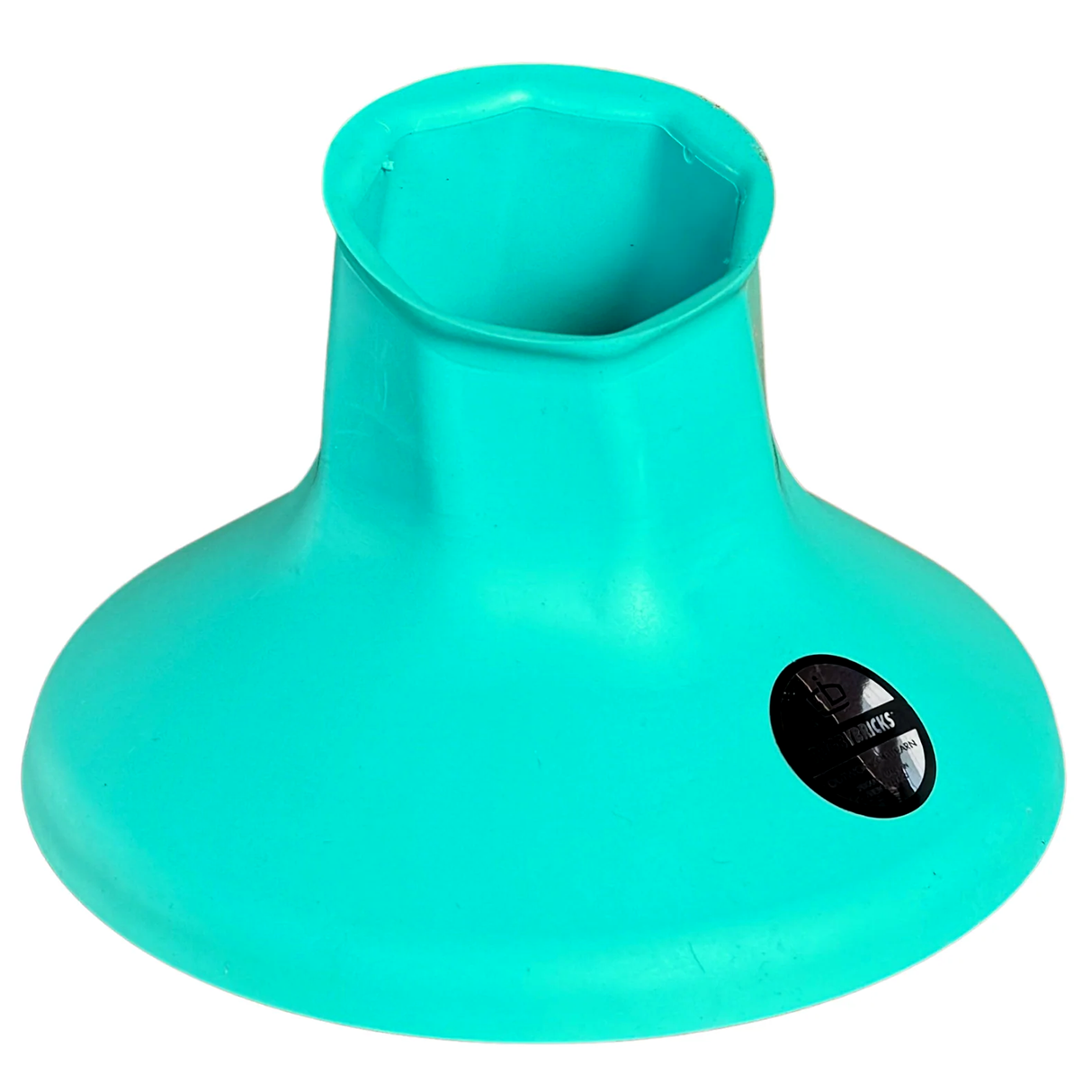 The Limited Edition Rugby Bricks teal plastic funnel, featuring a wide base and hexagonal opening with a black sticker, blends style and functionality. It's inspired by the iconic Teal Kicking Tee used by Connor Murray.