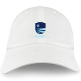 The Rugby VA Adult Low-Profile Cotton Twill Dad Cap by EMB S&S Activewear features a blue stylized shield logo and text on white cotton—ideal for any rugby supporter.