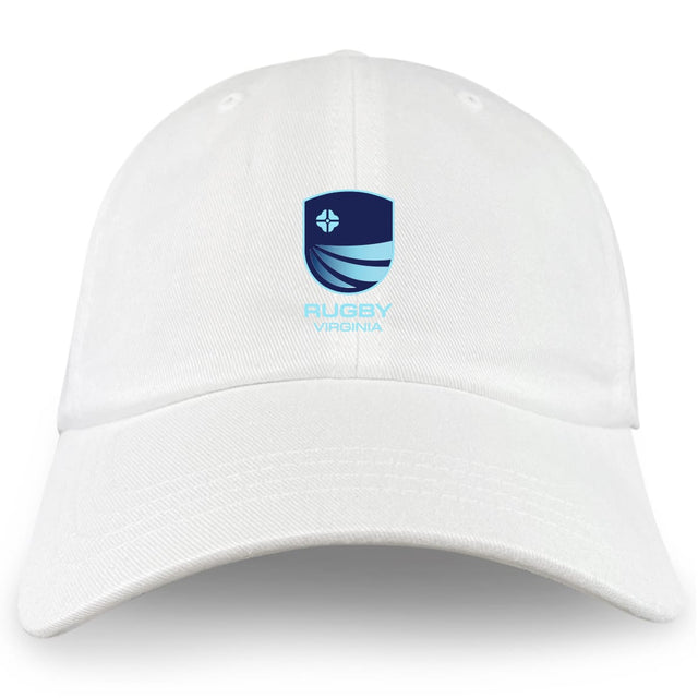 The Rugby VA Adult Low-Profile Cotton Twill Dad Cap by EMB S&S Activewear features a blue stylized shield logo and text on white cotton—ideal for any rugby supporter.