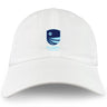 The Rugby VA Adult Low-Profile Cotton Twill Dad Cap by EMB S&S Activewear features a blue stylized shield logo and text on white cotton—ideal for any rugby supporter.
