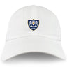 The EMB S&S Activewear Villanova Rugby Club Adult Low-Profile Cotton Twill Dad Cap features a white design with embroidered blue and gold crest—two lions, a crown, and shield—on the front.