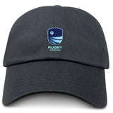 Show your team pride with the Rugby VA Adult Low-Profile Cotton Twill Dad Cap by EMB S&S Activewear, featuring a blue Rugby Virginia logo and text on the front center.