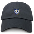 The EMB S&S Activewear Villanova Rugby Club Adult Low-Profile Cotton Twill Dad Cap is black and features an embroidered crest with two lions, a crown, and "VILLANOVA RUGBY" on the front.