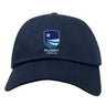 Show your rugby pride with the Rugby VA Adult Low-Profile Cotton Twill Dad Cap by EMB S&S Activewear—navy blue, featuring a stylized shield logo and "RUGBY VIRGINIA" text on the front.