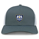 The Villanova Rugby Club Retro Trucker Cap by EMB S&S Activewear features a gray and white design, a crest with two lions and a shield on the front, plus a snapback closure for adjustable fit.