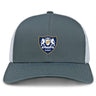 The Villanova Rugby Club Retro Trucker Cap by EMB S&S Activewear features a gray and white design, a crest with two lions and a shield on the front, plus a snapback closure for adjustable fit.