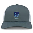 The Rugby VA Retro Trucker Cap by EMB S&S Activewear features a gray and white design, "Rugby Virginia" embroidery with a blue shield and light blue text, plus an adjustable snapback for comfort.