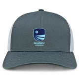 The Rugby VA Retro Trucker Cap by EMB S&S Activewear features a gray and white design, "Rugby Virginia" embroidery with a blue shield and light blue text, plus an adjustable snapback for comfort.