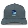 The Rugby VA Retro Trucker Cap by EMB S&S Activewear features a gray and white design, "Rugby Virginia" embroidery with a blue shield and light blue text, plus an adjustable snapback for comfort.