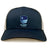 The Rugby VA Retro Trucker Cap by EMB S&S Activewear features navy blue and white mesh, an embroidered Rugby Virginia logo on the front, and a snapback closure.