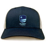 The Rugby VA Retro Trucker Cap by EMB S&S Activewear features navy blue and white mesh, an embroidered Rugby Virginia logo on the front, and a snapback closure.