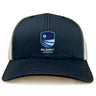 The Rugby VA Retro Trucker Cap by EMB S&S Activewear features navy blue and white mesh, an embroidered Rugby Virginia logo on the front, and a snapback closure.