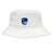 The EMB S&S Activewear Rugby VA Crusher Bucket Cap is a white cotton twill hat with a blue and navy "Rugby Virginia" shield and cross logo on the front, providing comfortable sun protection.
