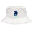 The EMB S&S Activewear Rugby VA Crusher Bucket Cap is a white cotton twill hat with a blue and navy "Rugby Virginia" shield and cross logo on the front, providing comfortable sun protection.