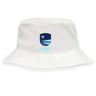 The EMB S&S Activewear Rugby VA Crusher Bucket Cap is a white cotton twill hat with a blue and navy "Rugby Virginia" shield and cross logo on the front, providing comfortable sun protection.