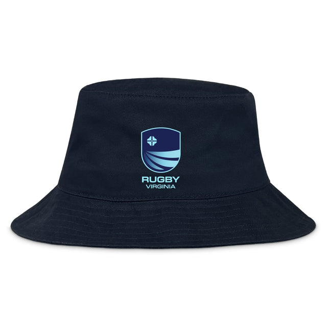 The Rugby VA Crusher Bucket Cap by EMB S&S Activewear is a navy blue cotton twill hat with a blue and white "RUGBY VIRGINIA" shield logo on the front, providing excellent sun protection.