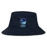 The Rugby VA Crusher Bucket Cap by EMB S&S Activewear is a navy blue cotton twill hat with a blue and white "RUGBY VIRGINIA" shield logo on the front, providing excellent sun protection.